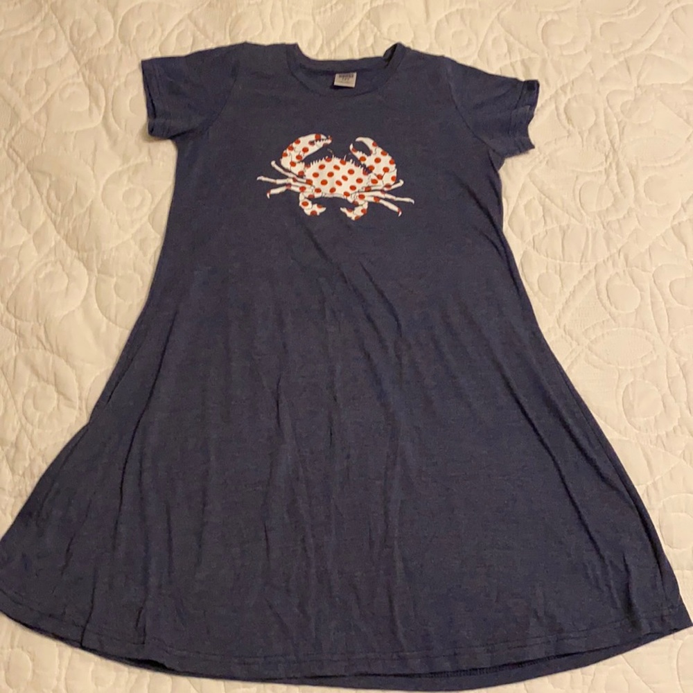 Crab dress blue with red white polka dot